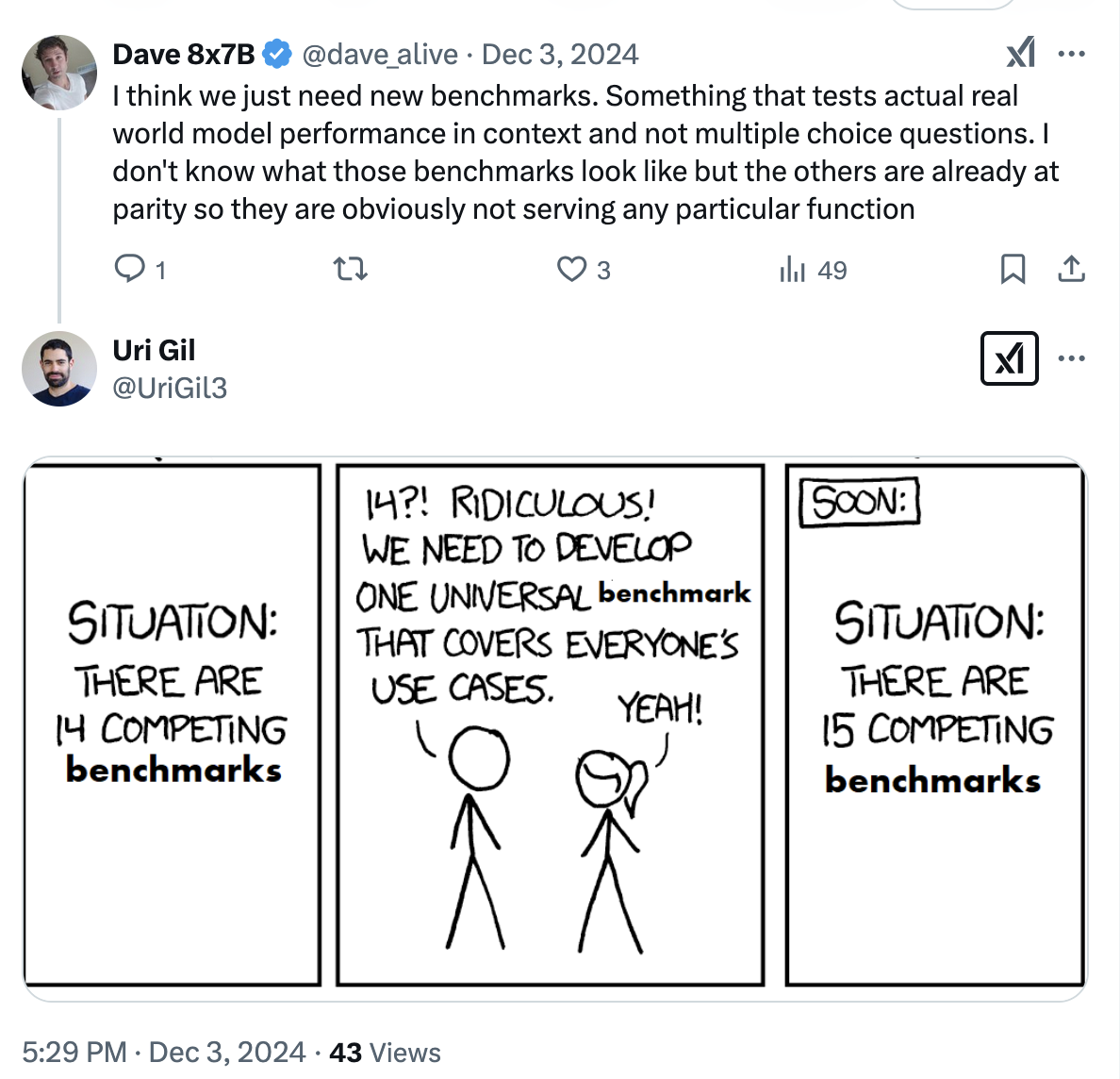 Tweet and XKCD reply about needing more benchmarks